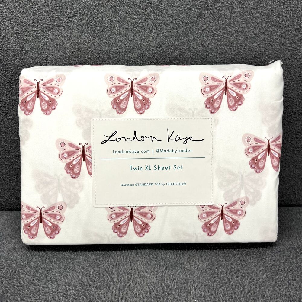 London Kaye TWIN XL Sheet Set White Pink Butterfly 4pc‎
